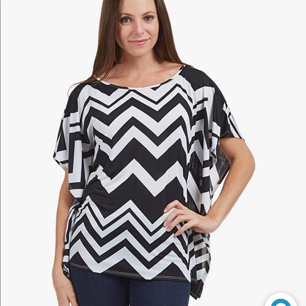 Womens short sleeve poncho tunic top, geometric stripe, large